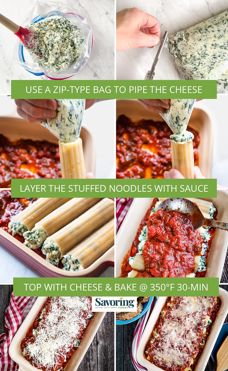 filling and preparing the manicotti for baking step by step