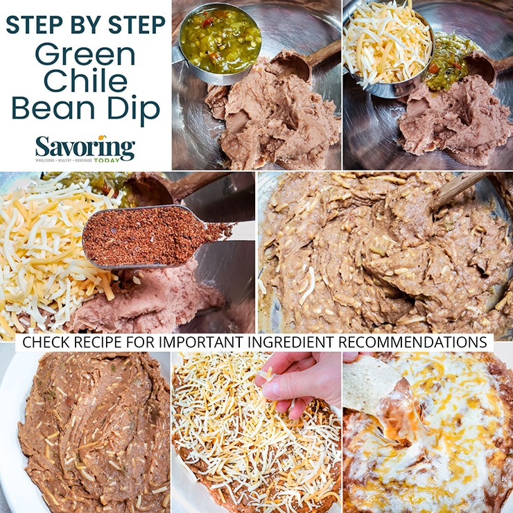 Step by step collage of how to make green chile bean dip