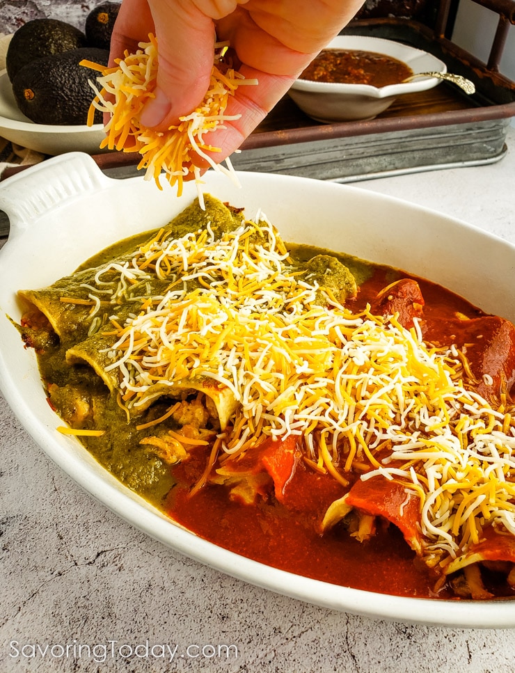 Green Chile Chicken Enchiladas with Red and Green Sauce