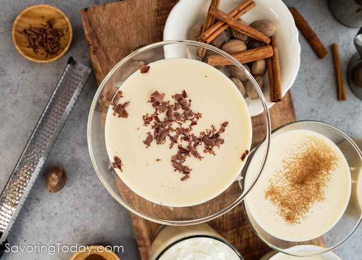 eggnog in a martini glass with chocolate shavings