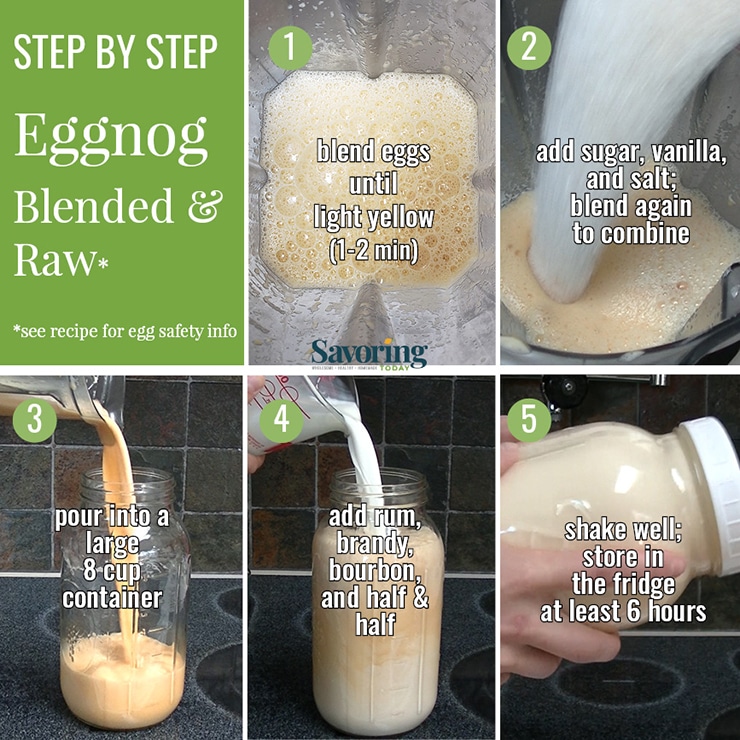 Step by step photo collage of homemade eggnog