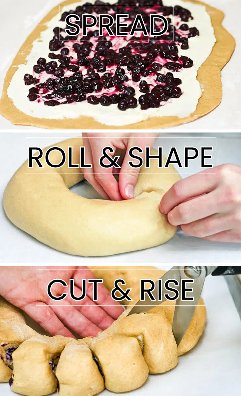 Roll, shape, cut, & rise collage image for making a Swedish Tea Ring