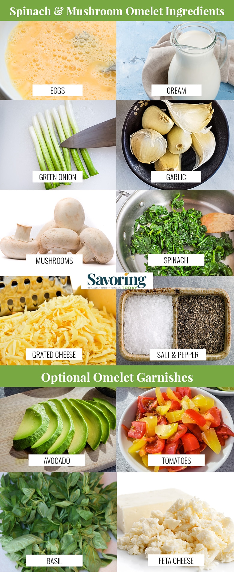 spinach and mushroom omelet ingredient collage