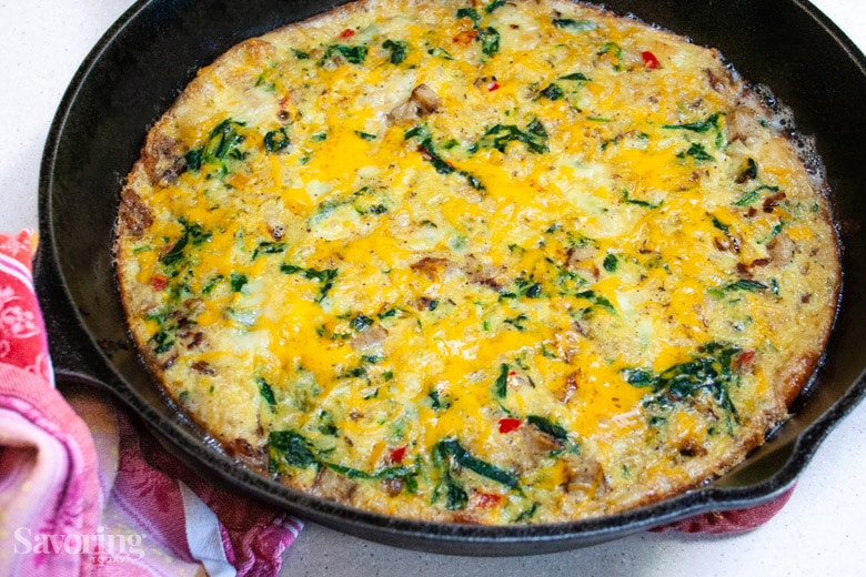 Finished frittata in a skillet.