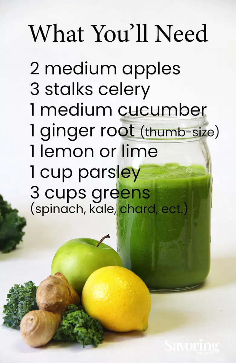 ingredient list for fresh green juice over image of juice with apple, ginger, and lemon