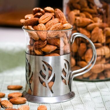 dehydrated nuts in a glass cup