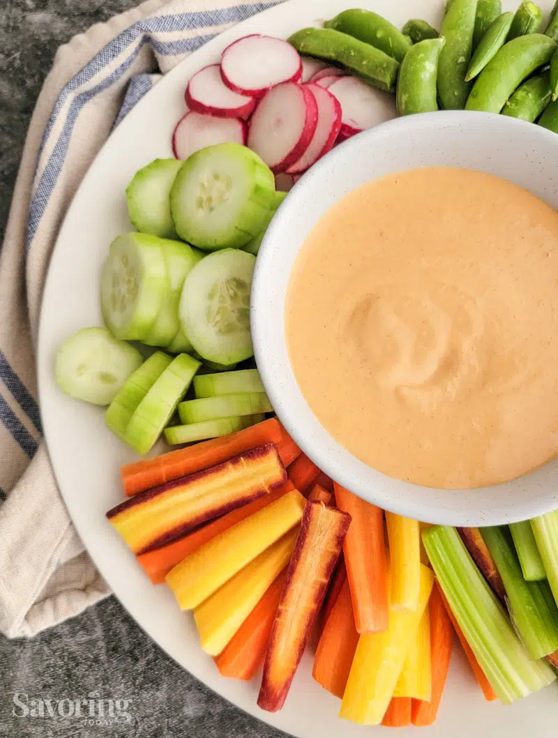 Miso-Yogurt Veggie Dip on a tray with a variety of vegetables
