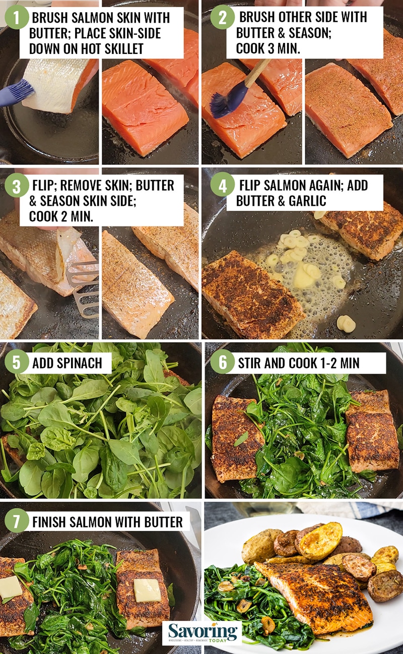 Step by step cooking blackened salmon collage