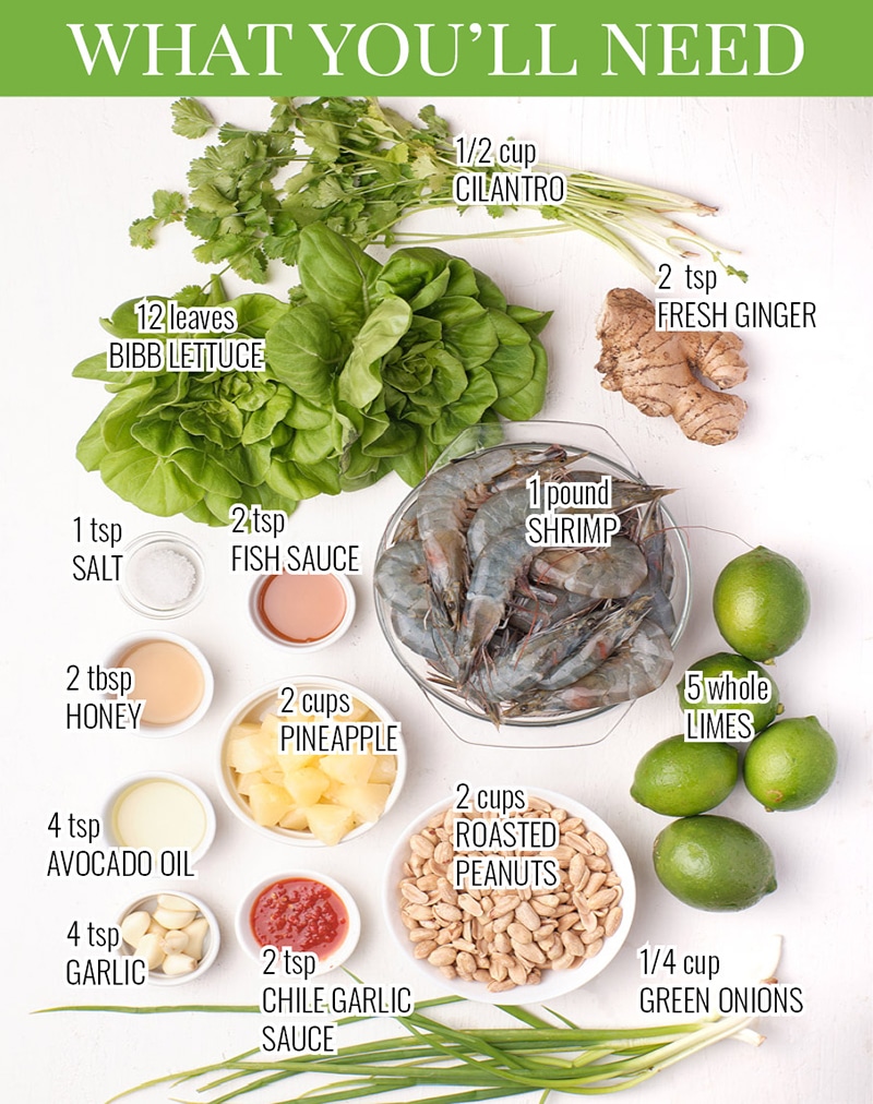 ingredient list collage for Thai shrimp lettuce wraps