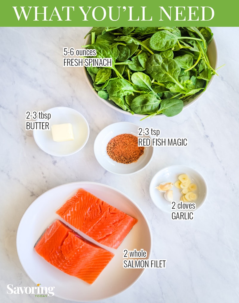 salmon, spinach, garlic, butter, and seasoning on a countertop