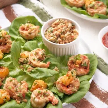 shrimp and pineapple with a light peanut sauce on lettuce