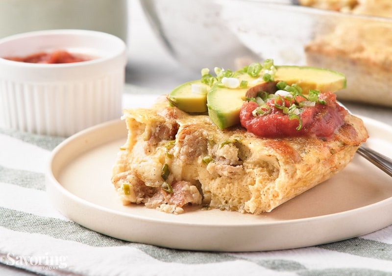 sausage breakfast casserole served with salsa