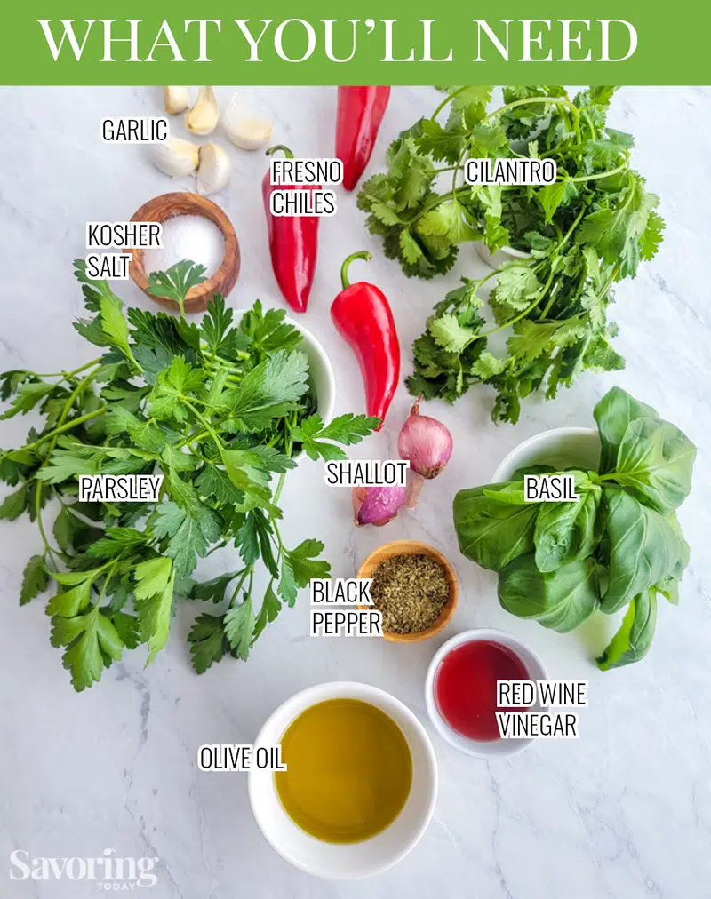 chimichurri ingredients on a marble board