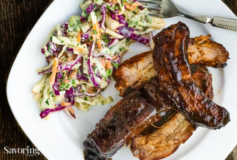 grilled ribs served with rainbow slaw