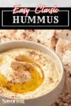 hummus in bowl with pinterest banner