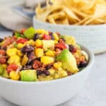black bean corn salsa with avocado and chips