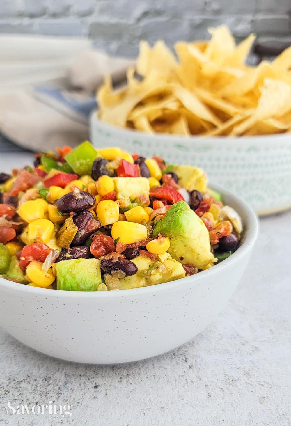 black bean corn salsa with avocado and chips