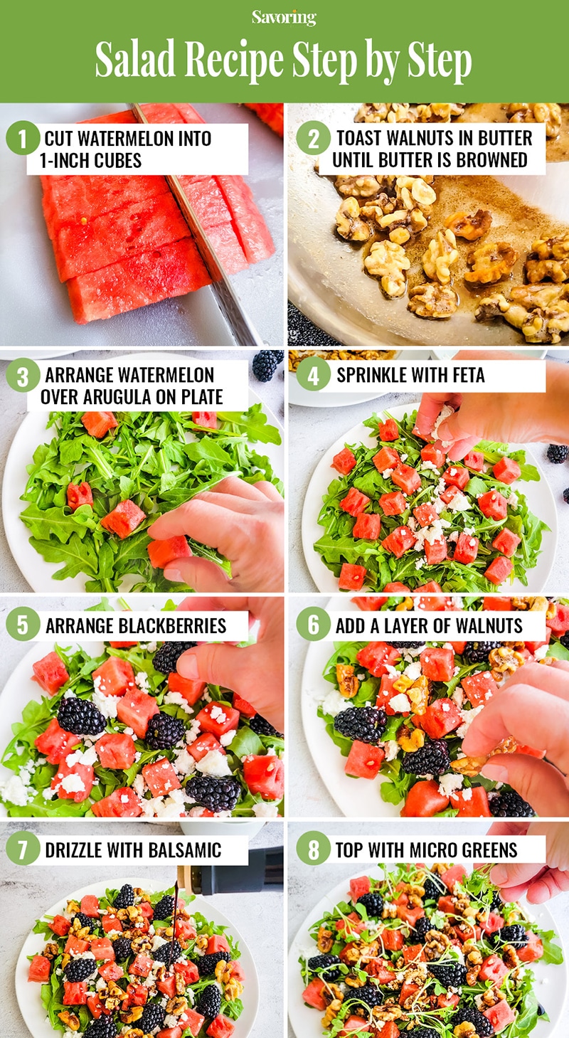Arugula watermelon salad step by step collage
