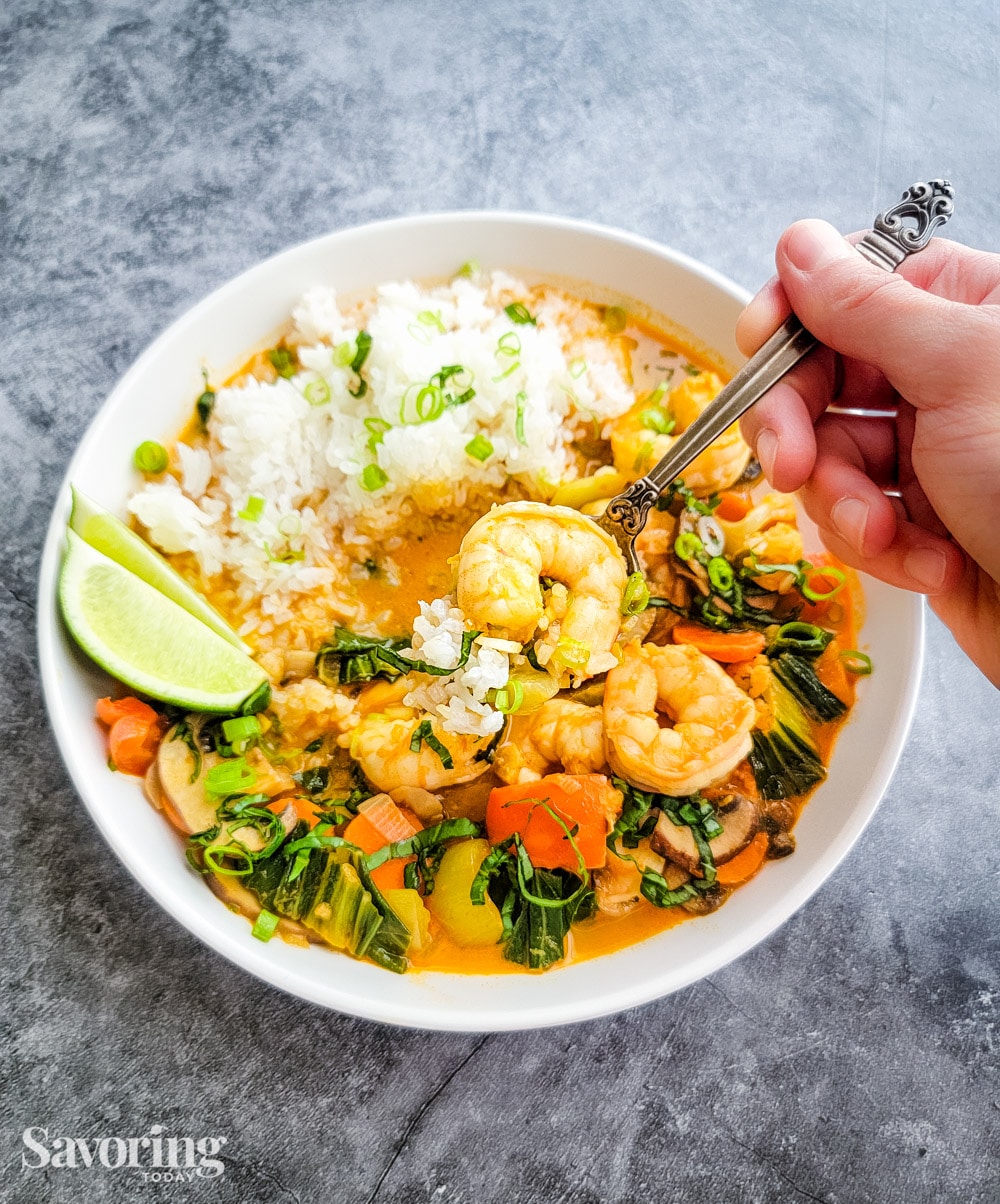 A hand holding a spoon of shrimp stew with rice over the bowl