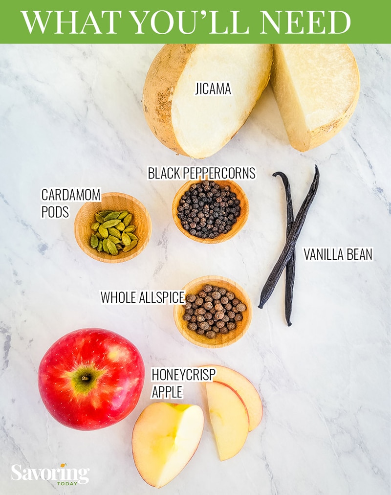 ingredients for apple jicama pickles on a marble board