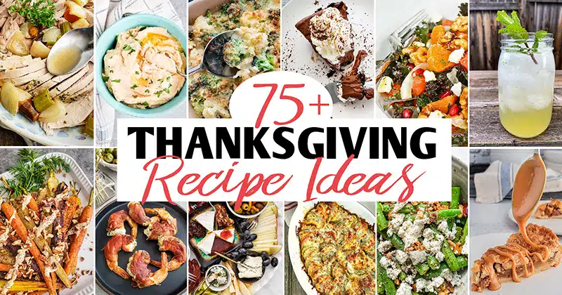 collage of Thanksgiving recipe ideas, including turkey, mashed cauliflower, pie, mojito, citrus salad, and charcuterie