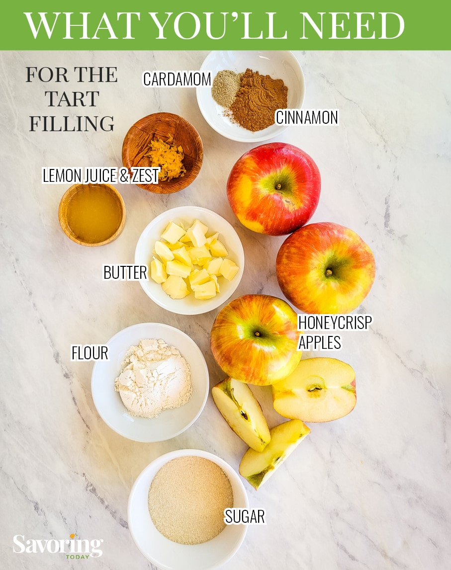 ingredients for an apple tart on a marble board