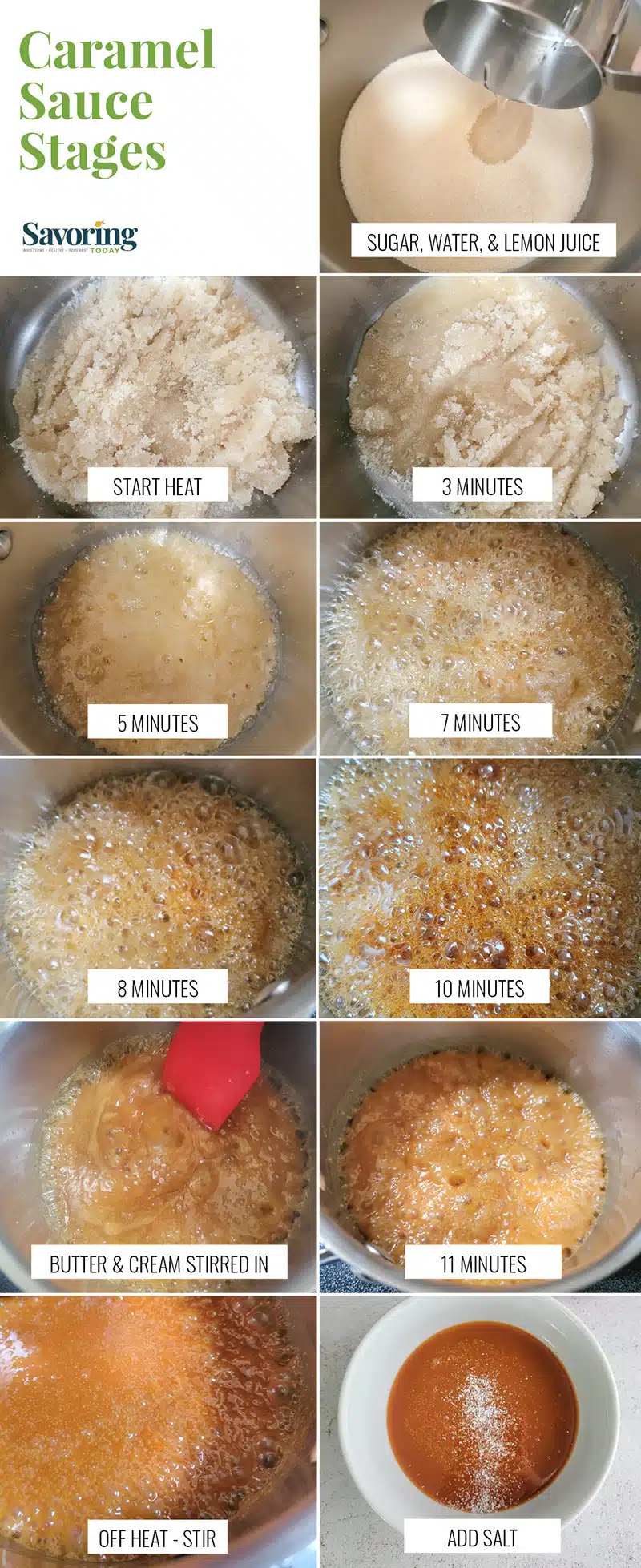 image collage of caramel turning color by the minute