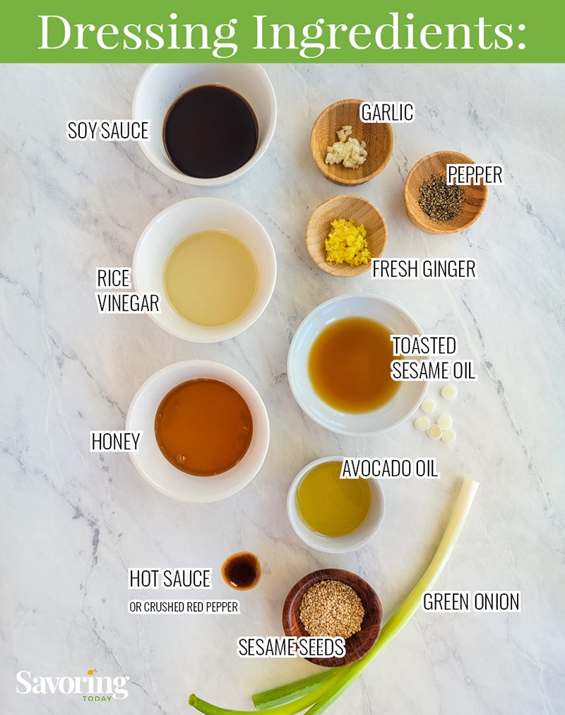 Asian Sesame Dressing ingredients in bowls on a countertop