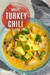 bowl of turkey chili with pinterest banner
