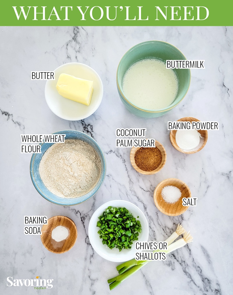 ingredients for chive drop biscuits on a counter
