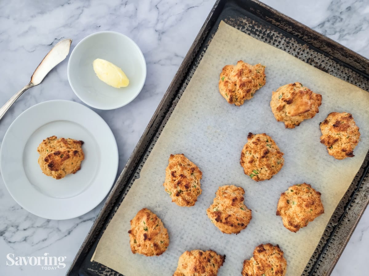 Chive Biscuits on pan and saucer