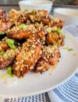 chicken wings sprinkled with chopped peanuts on a white plate