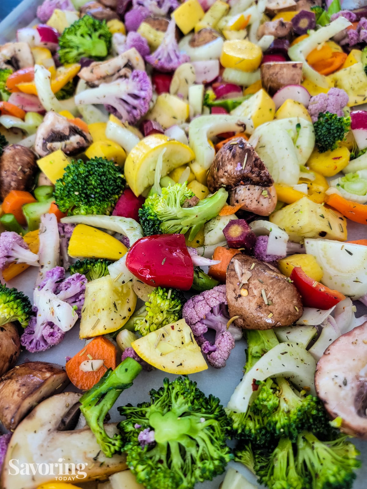 chopped vegetables on a sheet pan