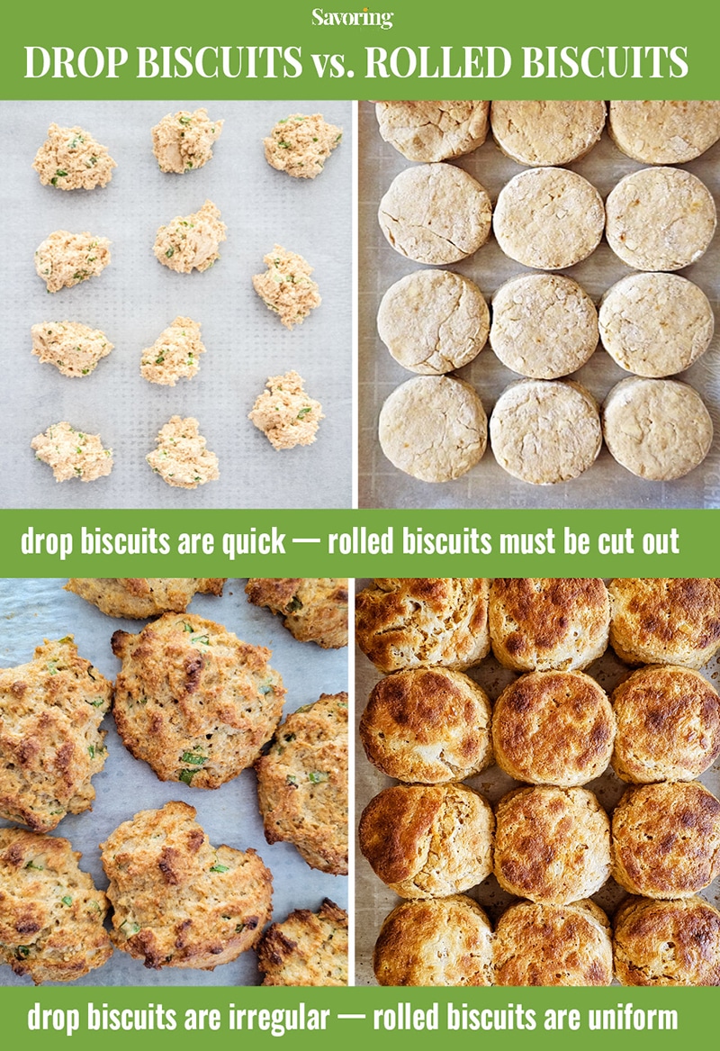 side by side comparison of drop biscuits and rolled biscuits