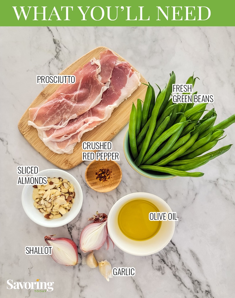 green beans, prosciutto, shallot, garlic, oil, almonds, and crushed red pepper ingredients on a counter