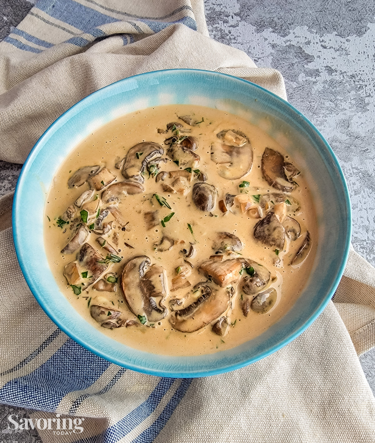 mushroom ragout in a blue bowl