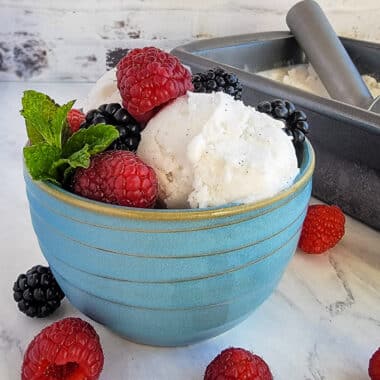 berries and mint on top of a serving of sorbet in a blue bowl