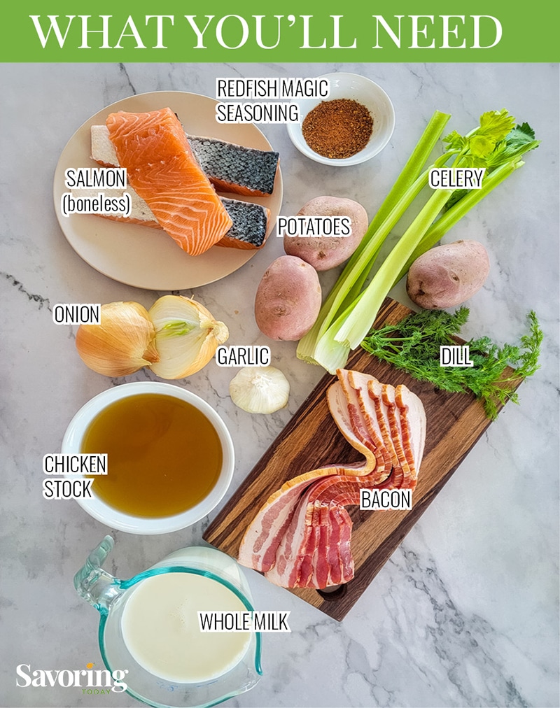 Ingredients for salmon chowder on counter with labels