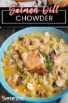 pinterest banner over a bowl of salmon chowder