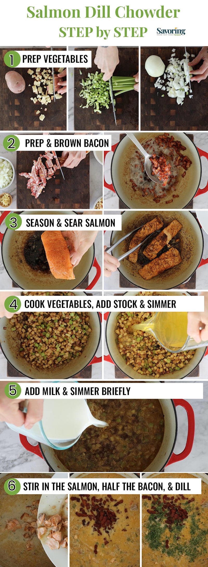 step by step collage of how to make salmon chowder
