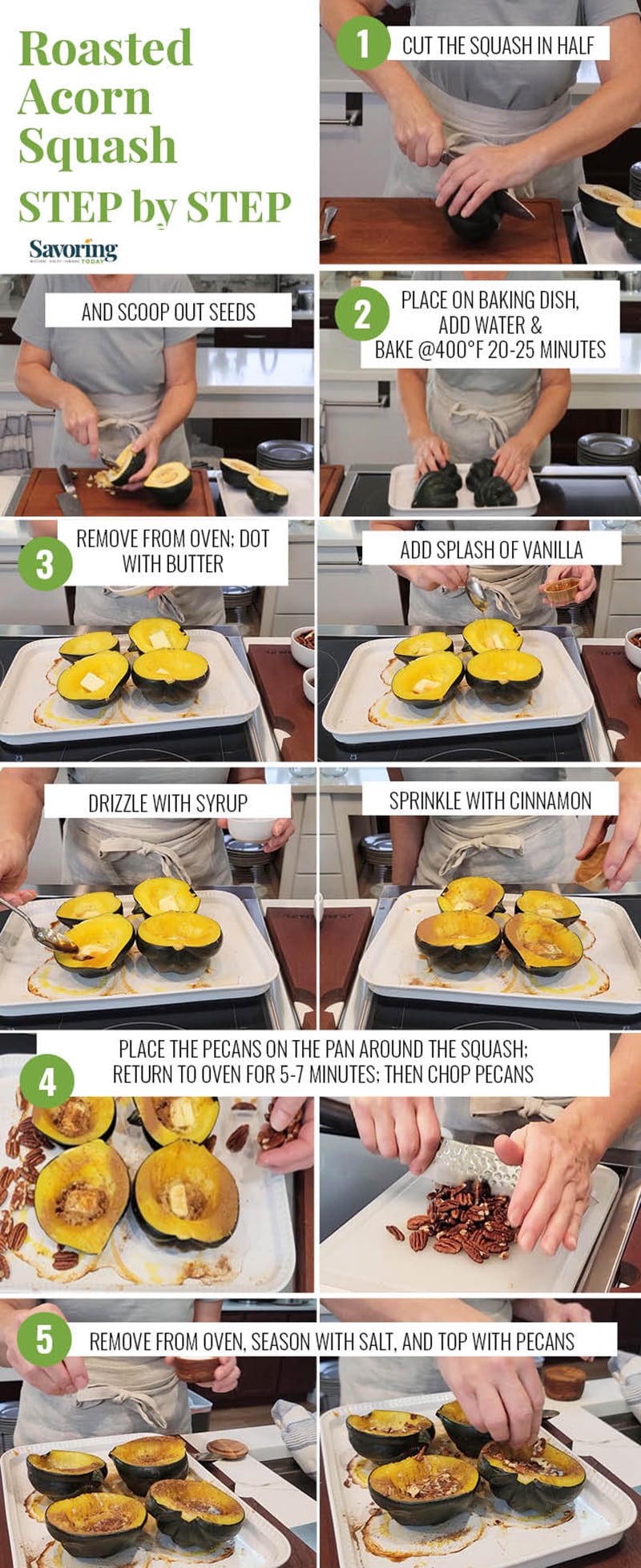 Step by step photo collage for cutting, roasting, and serving acorn squash.