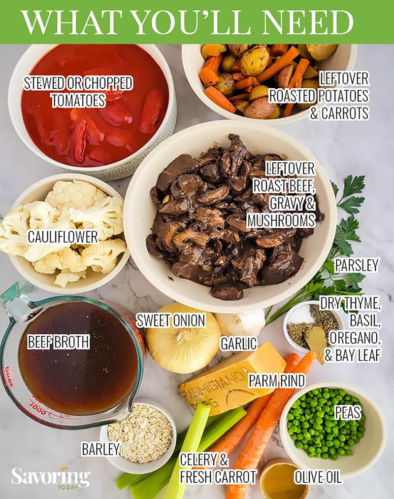 Ingredients for vegetable beef barley soup grouped on a counter