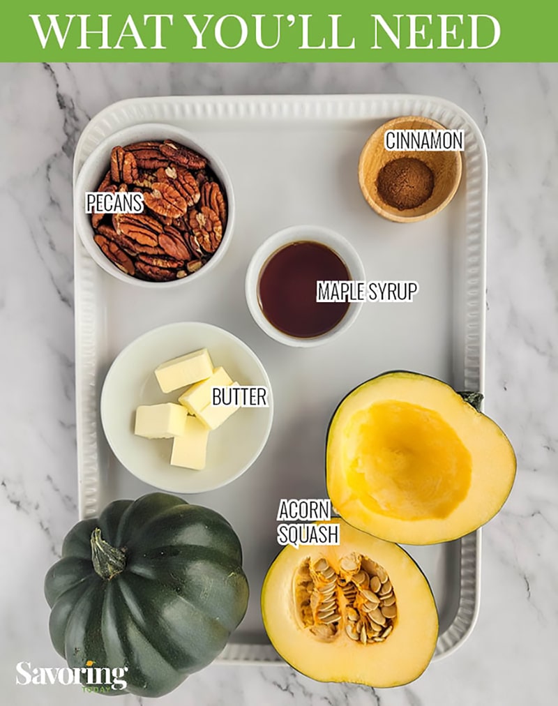 Ingredients on a pan for maple acorn squash, including butter, syrup, cinnamon, squash, and pecans