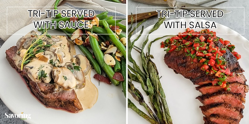 tri-tip images compared side-by-side with sauce on one and salsa on the other