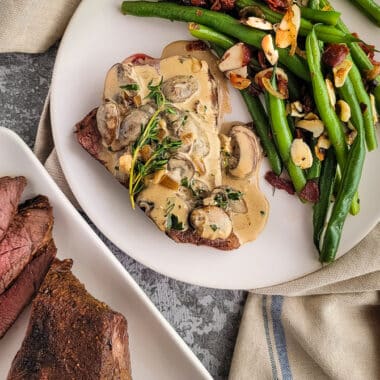 Oven roasted tri-tip with green beans and sliced steak