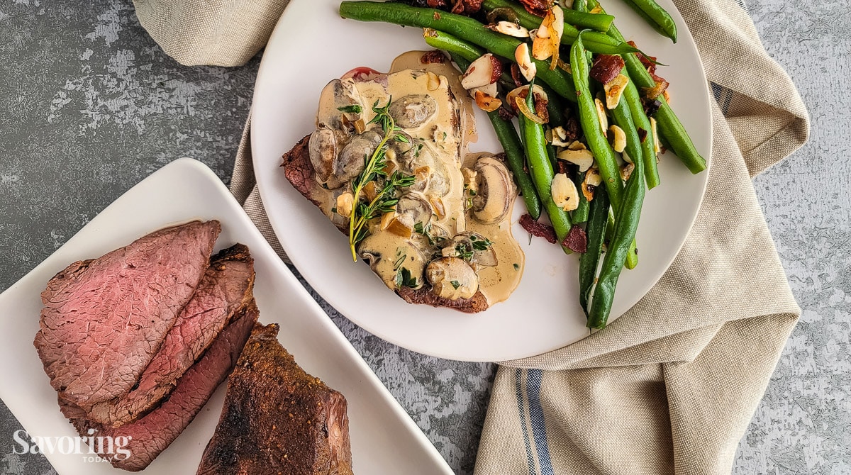 Oven roasted tri-tip with green beans and sliced steak