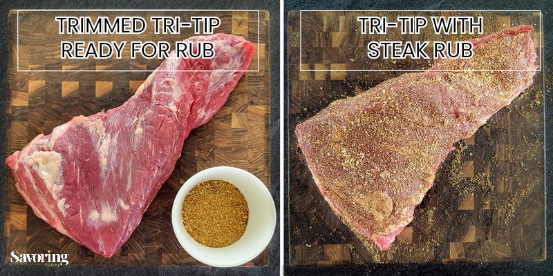 Tri-tip roast on a cutting board showing it before and after seasoning with dry rub