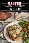 tri-tip served with green beans with a pinterest banner