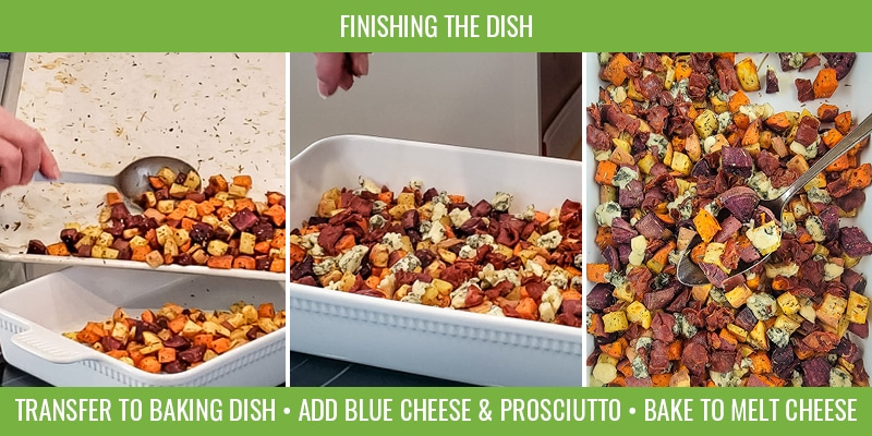 steps to finish a dish of roasted sweet potatoes and garnishes
