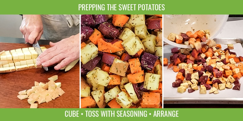 step by step photos for prepping sweet potatoes for roasting